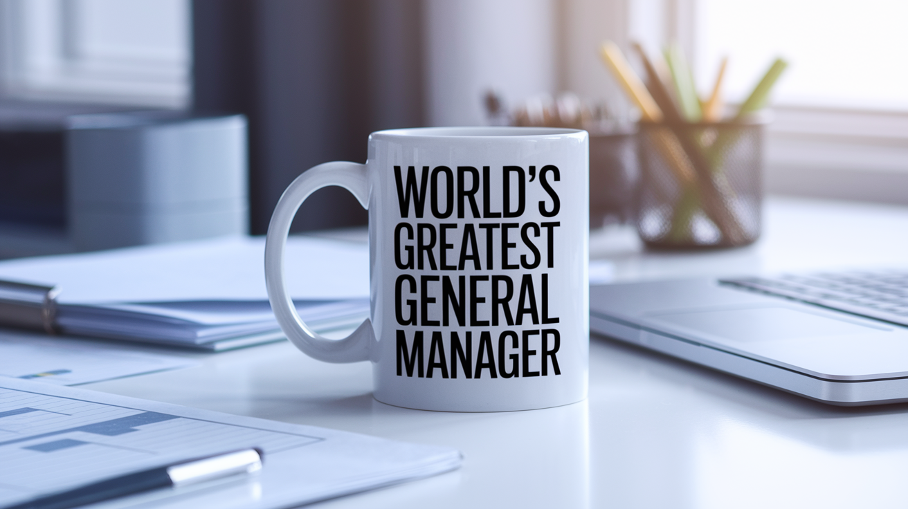 World's Greatest General Manager quote on coffee mug mockup for Amazon POD