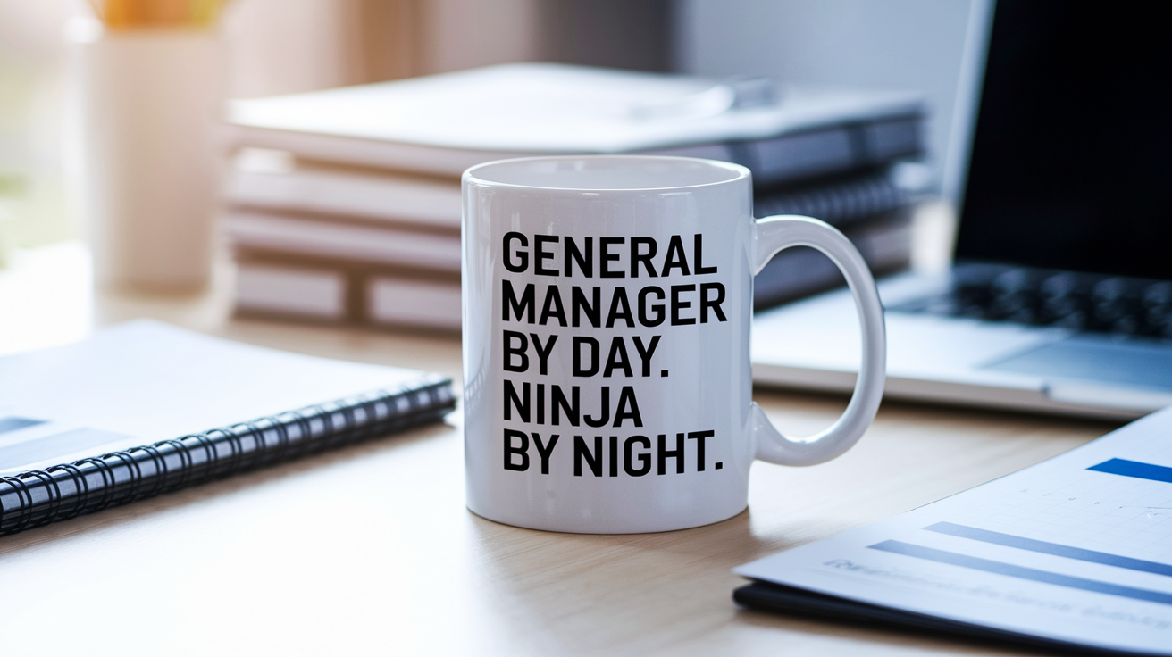 General Manager by Day Ninja by Night quote on coffee mug mockup for Amazon POD