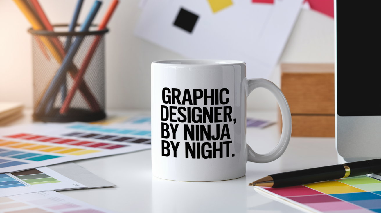 Graphic Designer by Day Ninja by Night quote on coffee mug mockup for Amazon POD