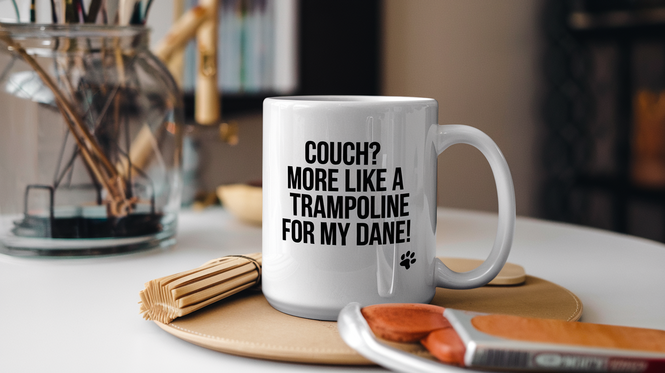 Great Dane Dog by Day Ninja by Night quote on coffee mug mockup for Amazon POD