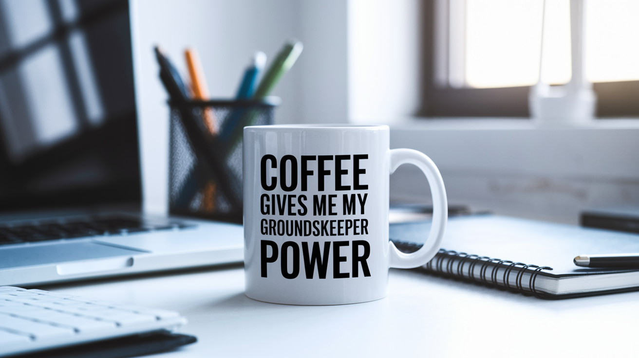 Coffee Gives Me My Groundskeeper Power quote on coffee mug mockup for Amazon POD