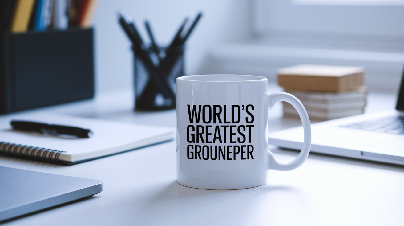 World's Greatest Groundskeeper quote on coffee mug mockup for Amazon POD