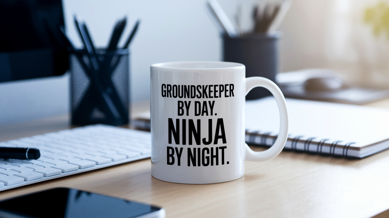 Groundskeeper by Day Ninja by Night quote on coffee mug mockup for Amazon POD