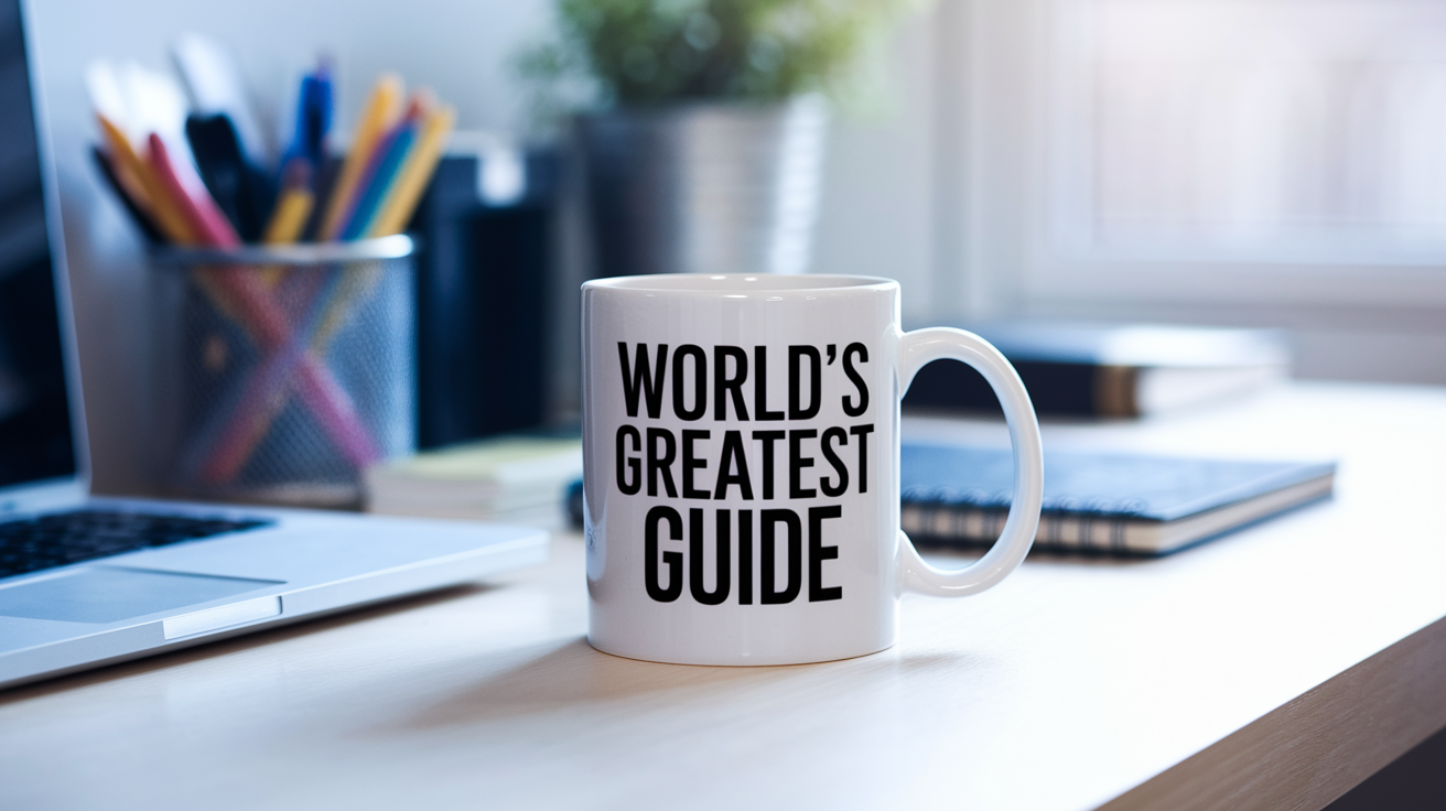 World's Greatest Guide quote on coffee mug mockup for Amazon POD