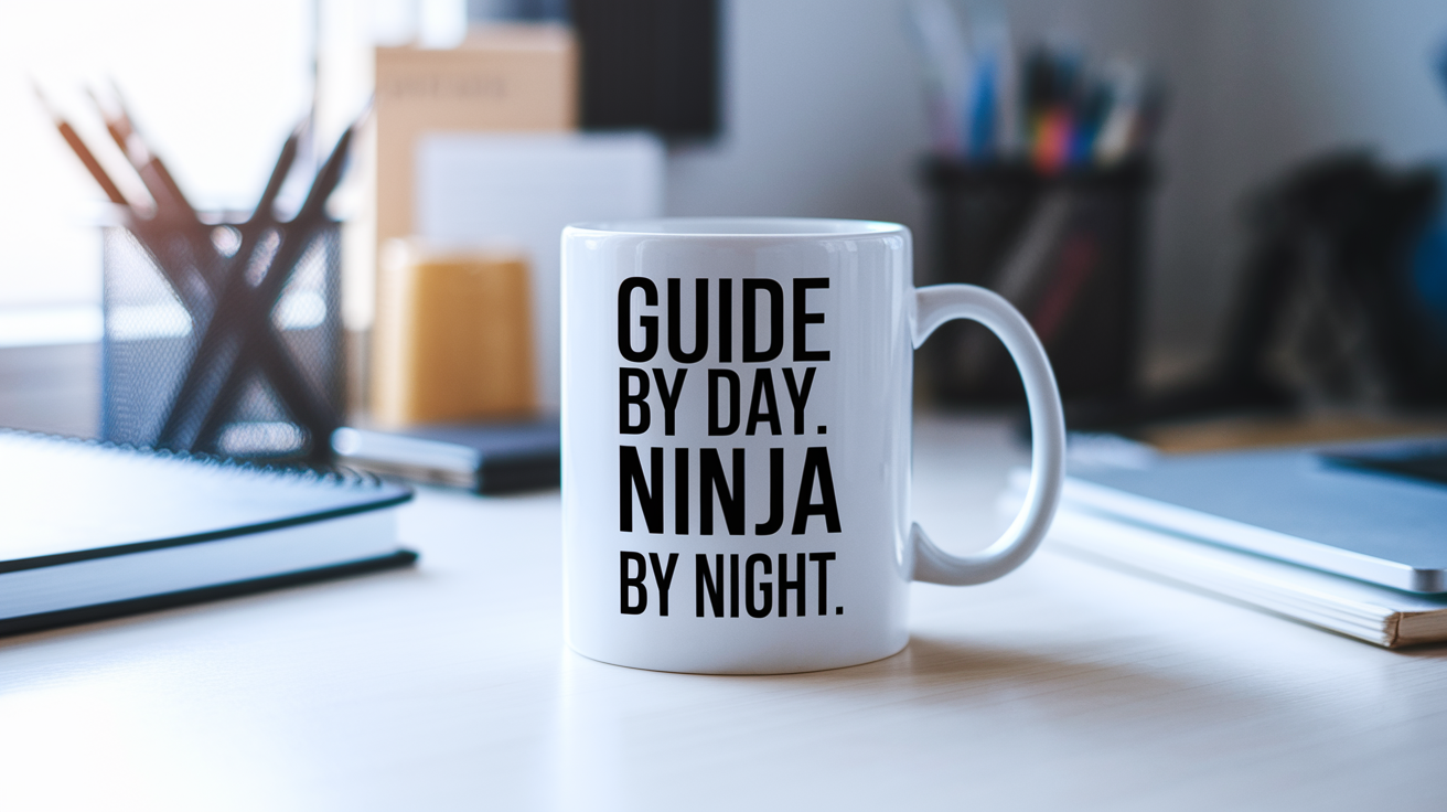 Guide by Day Ninja by Night quote on coffee mug mockup for Amazon POD