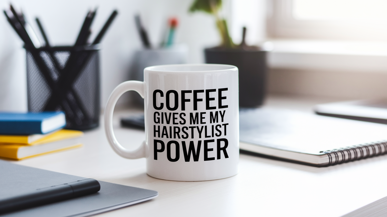 Coffee Gives Me My Hairstylist Power quote on coffee mug mockup for Amazon POD