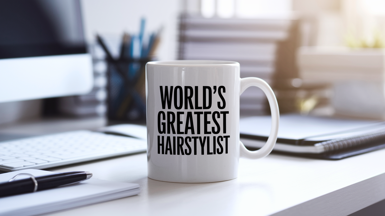 World's Greatest Hairstylist quote on coffee mug mockup for Amazon POD