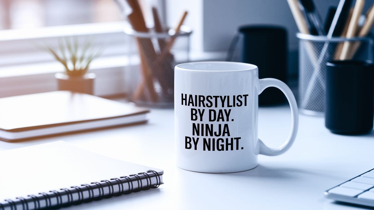 Hairstylist by Day Ninja by Night quote on coffee mug mockup for Amazon POD