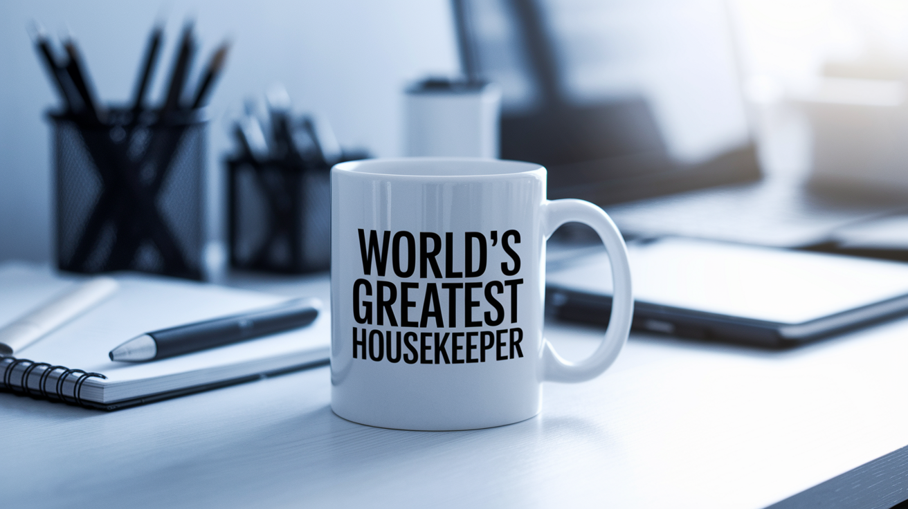 World's Greatest Housekeeper quote on coffee mug mockup for Amazon POD