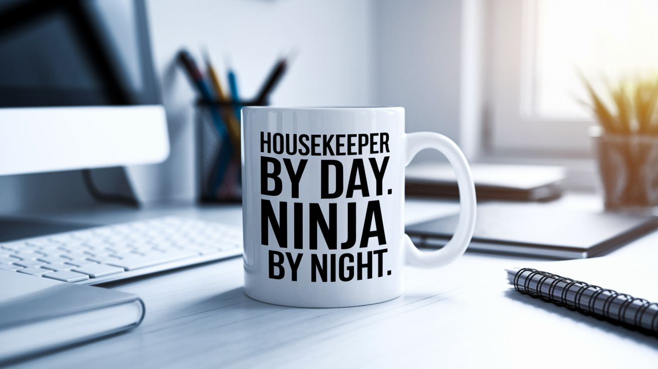Housekeeper by Day Ninja by Night quote on coffee mug mockup for Amazon POD