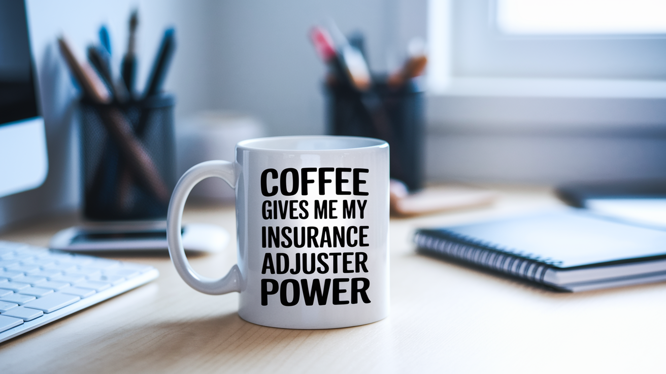 Coffee Gives Me My Insurance Adjuster Power quote on coffee mug mockup for Amazon POD