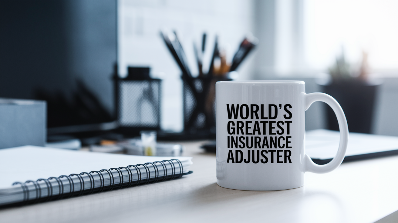 World's Greatest Insurance Adjuster quote on coffee mug mockup for Amazon POD