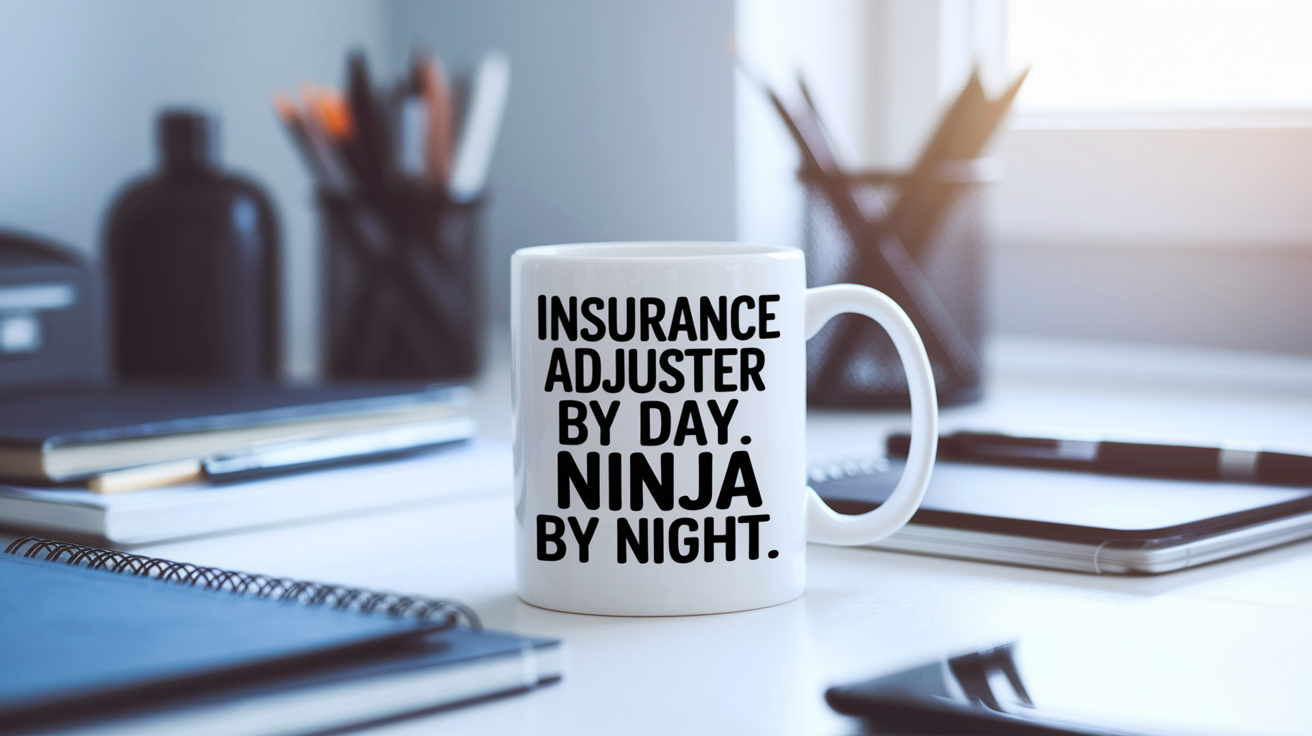 Insurance Adjuster by Day Ninja by Night quote on coffee mug mockup for Amazon POD