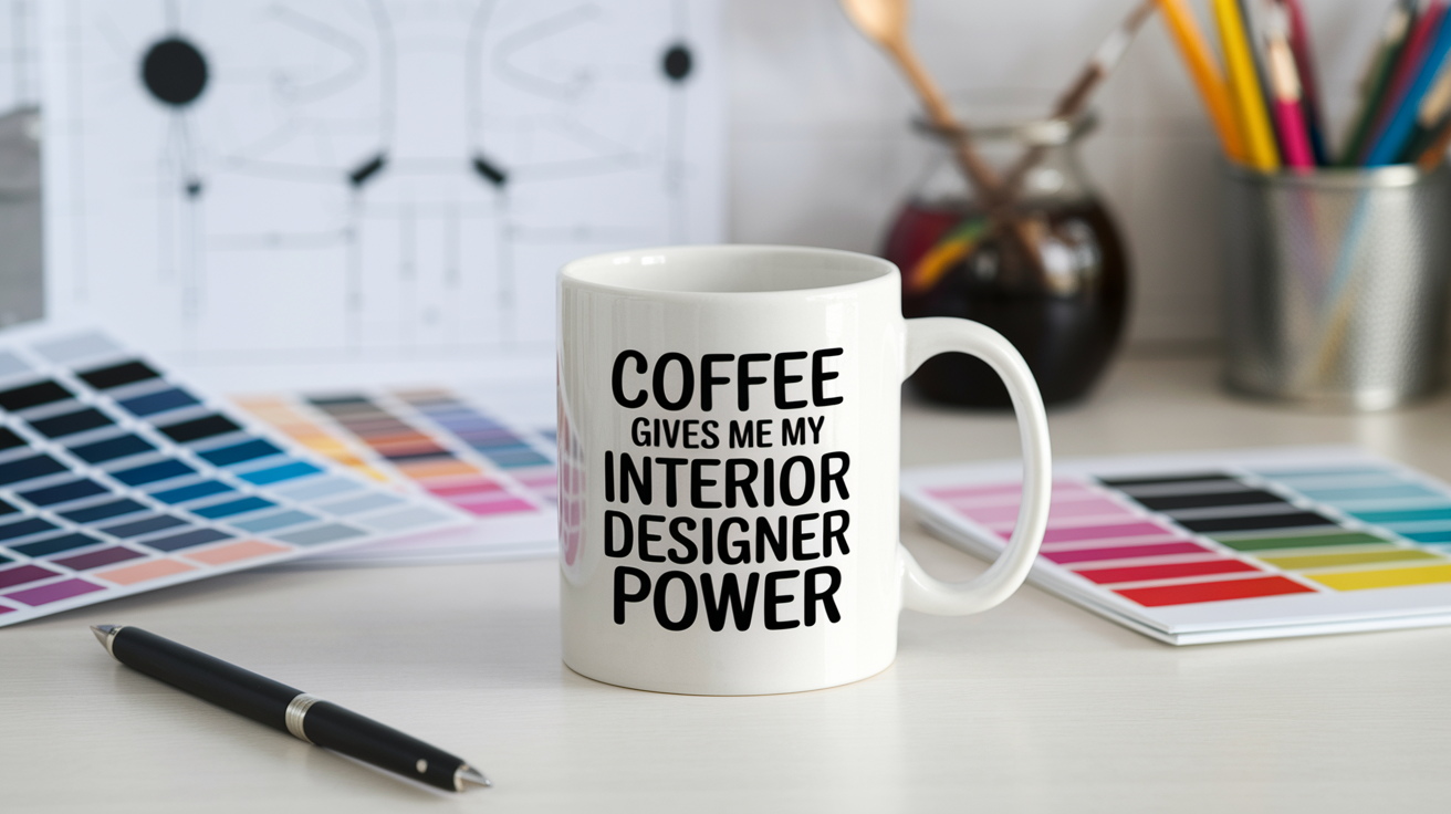 Coffee Gives Me My Interior Designer Power quote on coffee mug mockup for Amazon POD