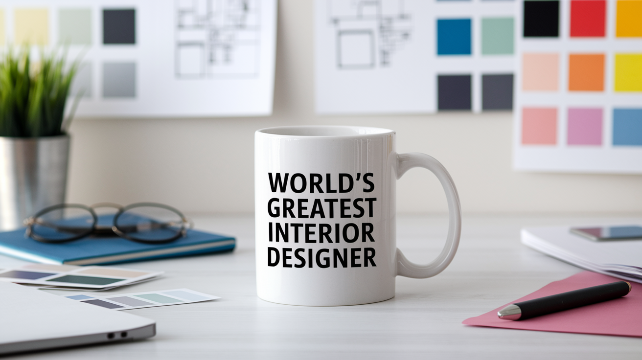 World's Greatest Interior Designer quote on coffee mug mockup for Amazon POD