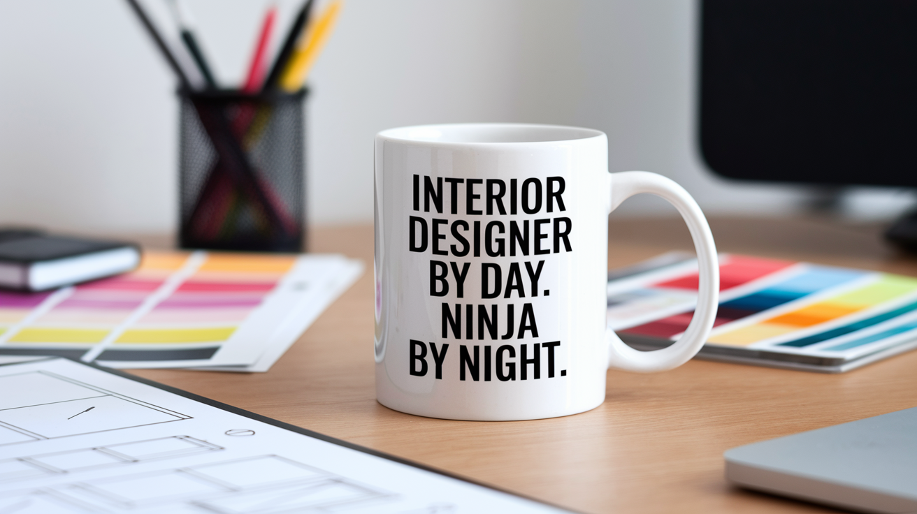 Interior Designer by Day Ninja by Night quote on coffee mug mockup for Amazon POD