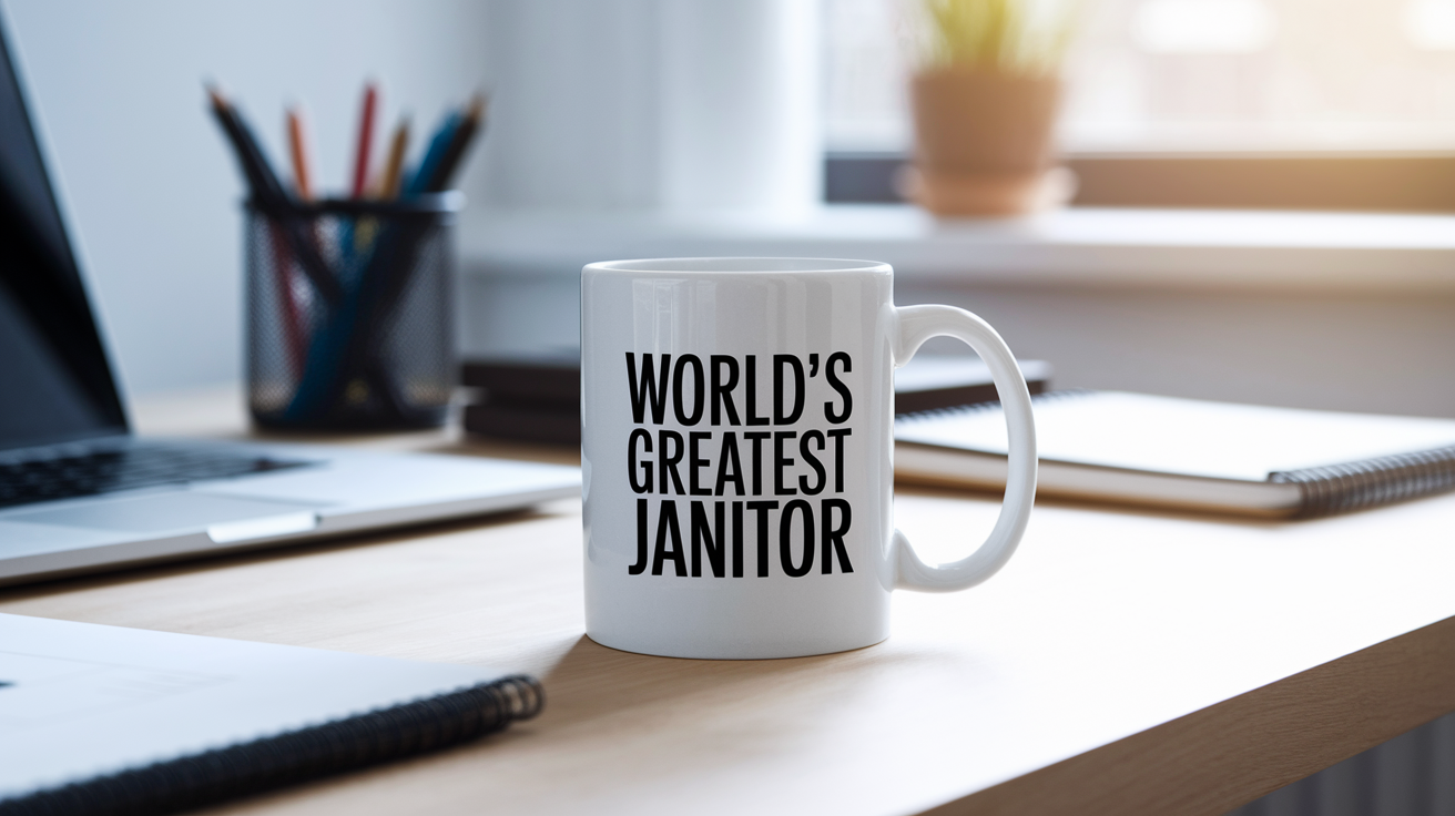 World's Greatest Janitor quote on coffee mug mockup for Amazon POD