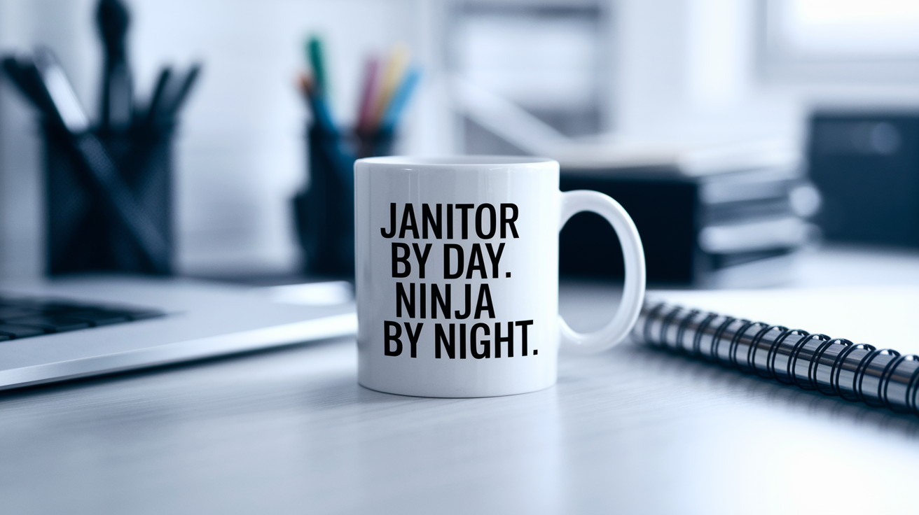 Janitor by Day Ninja by Night quote on coffee mug mockup for Amazon POD