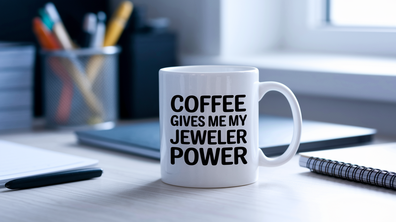 Coffee Gives Me My Jeweler Power quote on coffee mug mockup for Amazon POD
