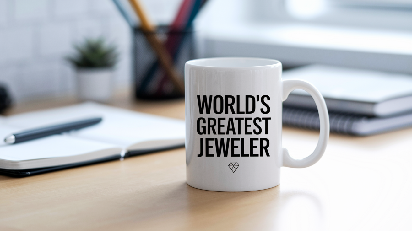 World's Greatest Jeweler quote on coffee mug mockup for Amazon POD