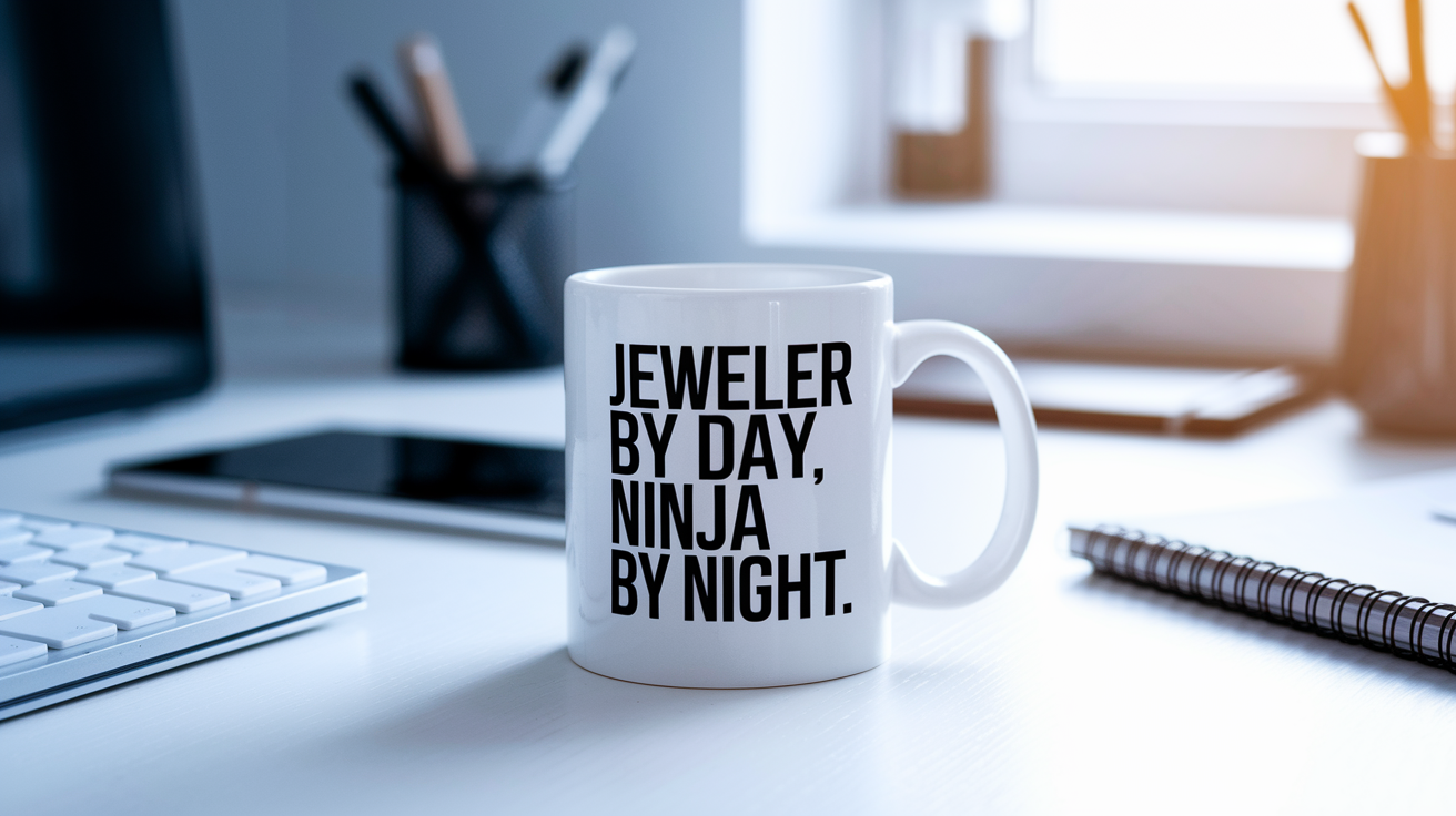 Jeweler by Day Ninja by Night quote on coffee mug mockup for Amazon POD