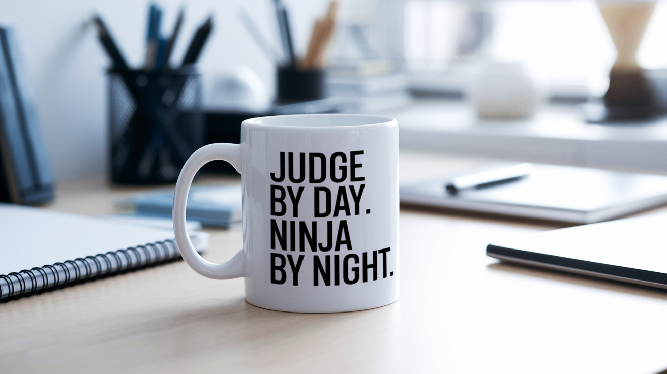 Judge by Day Ninja by Night quote on coffee mug mockup for Amazon POD