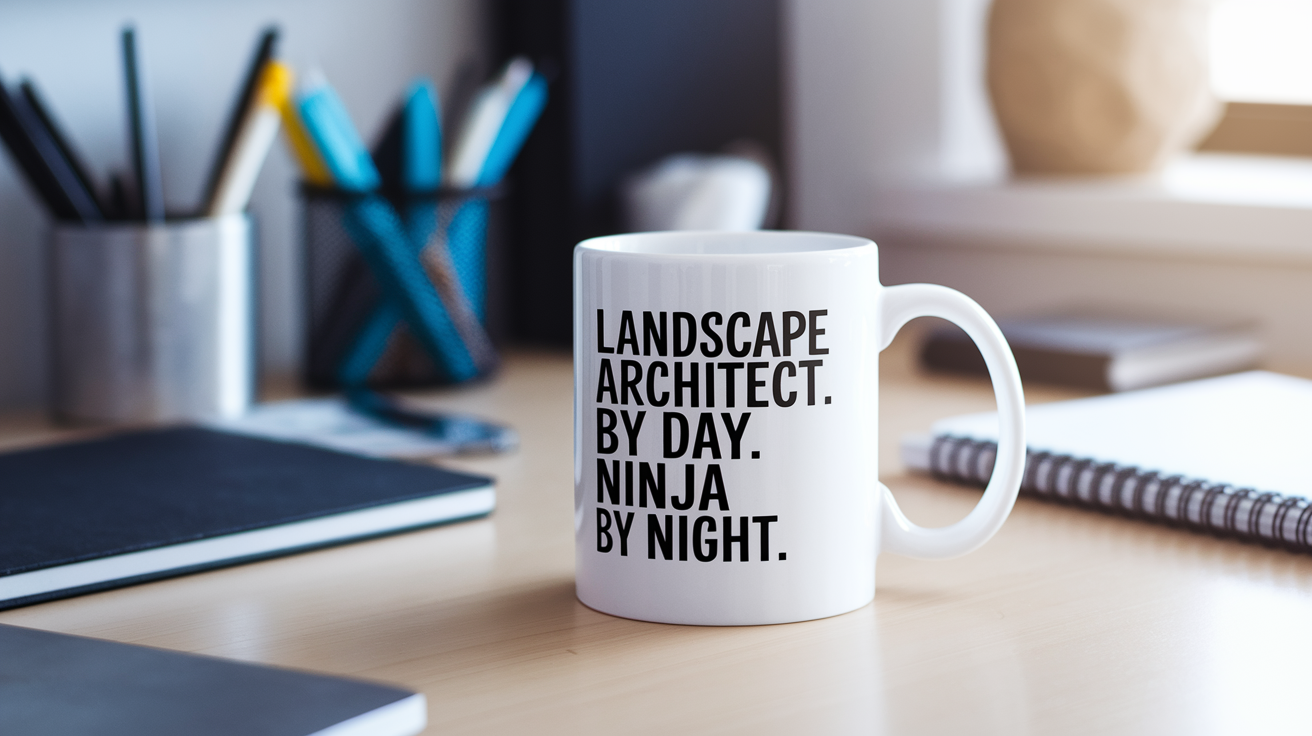 Landscape Architect by Day Ninja by Night quote on coffee mug mockup for Amazon POD