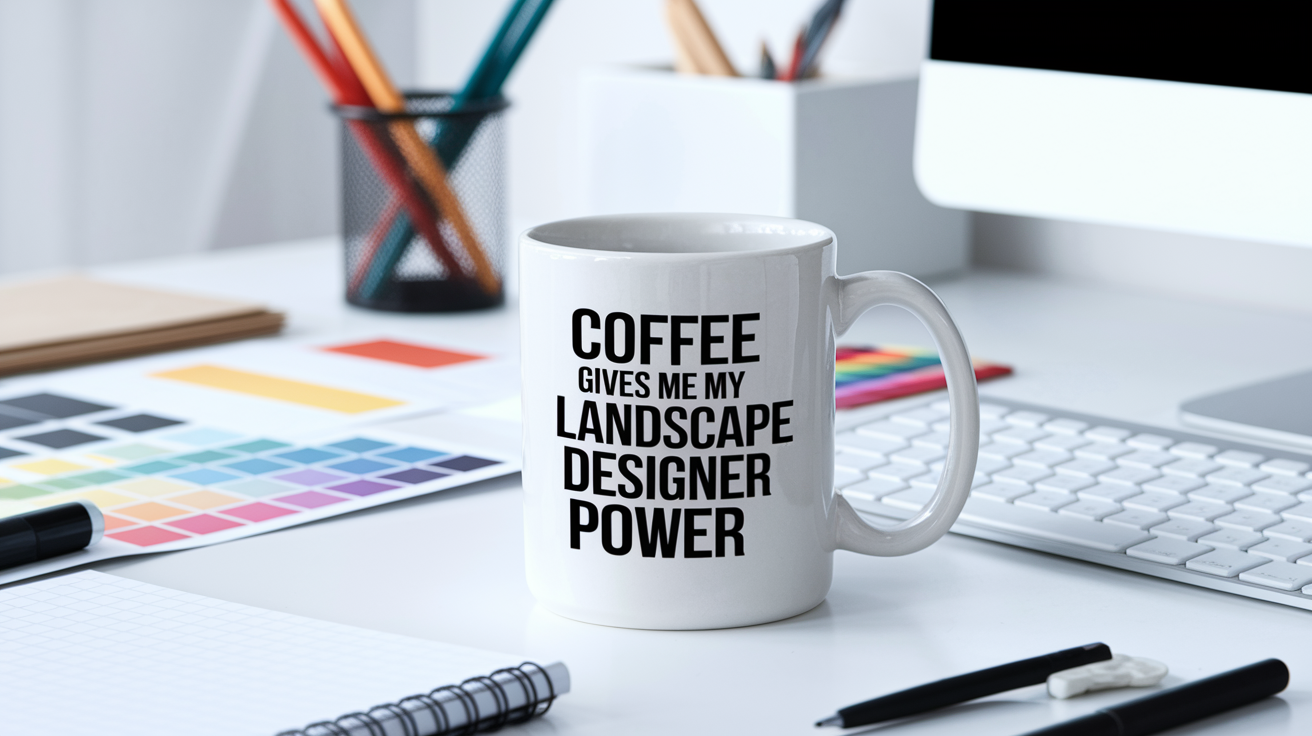 Coffee Gives Me My Landscape Designer Power quote on coffee mug mockup for Amazon POD