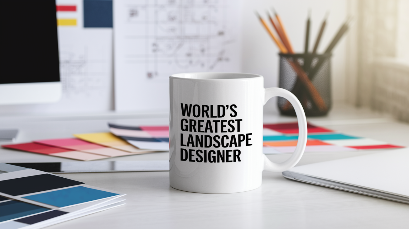 World's Greatest Landscape Designer quote on coffee mug mockup for Amazon POD
