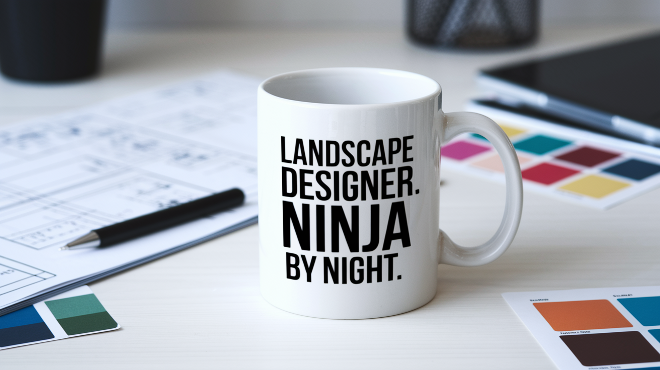 Landscape Designer by Day Ninja by Night quote on coffee mug mockup for Amazon POD