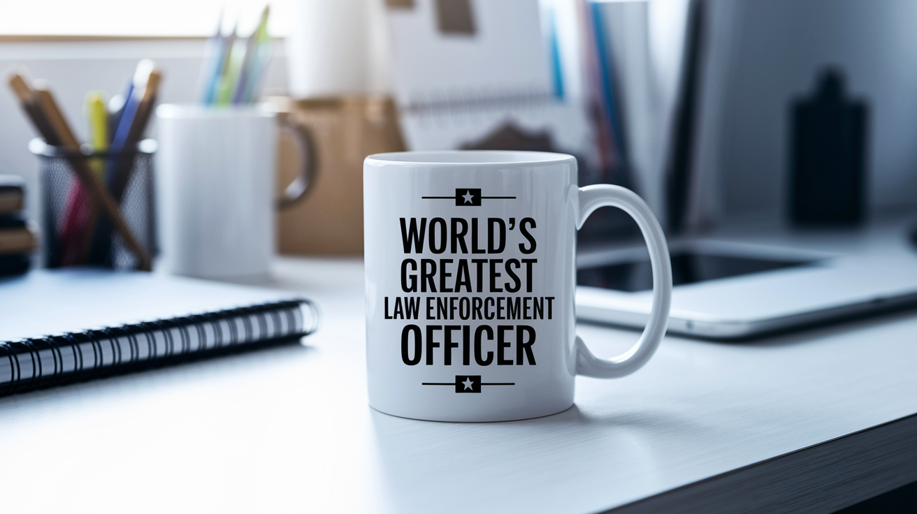 World's Greatest Law Enforcement Officer quote on coffee mug mockup for Amazon POD