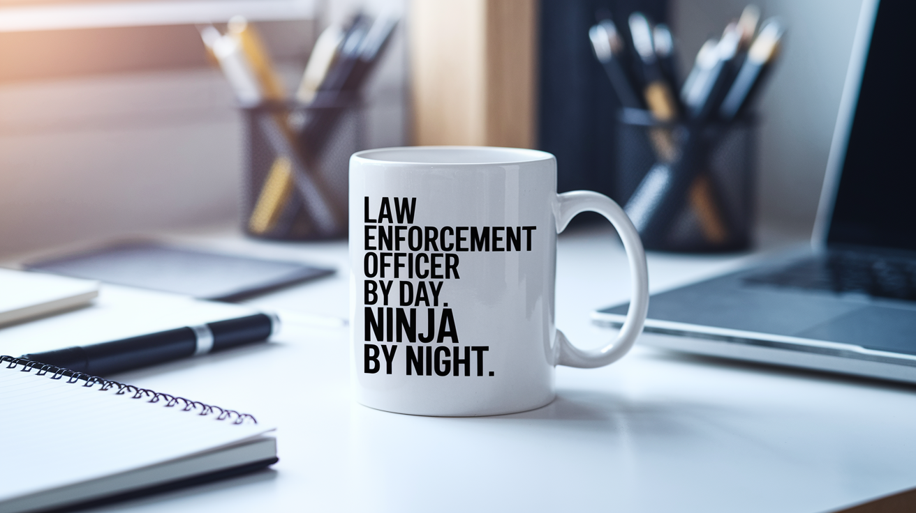 Law Enforcement Officer by Day Ninja by Night quote on coffee mug mockup for Amazon POD