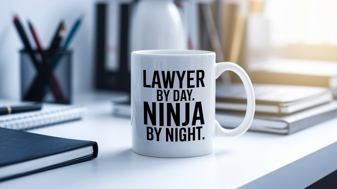 Lawyer by Day Ninja by Night quote on coffee mug mockup for Amazon POD