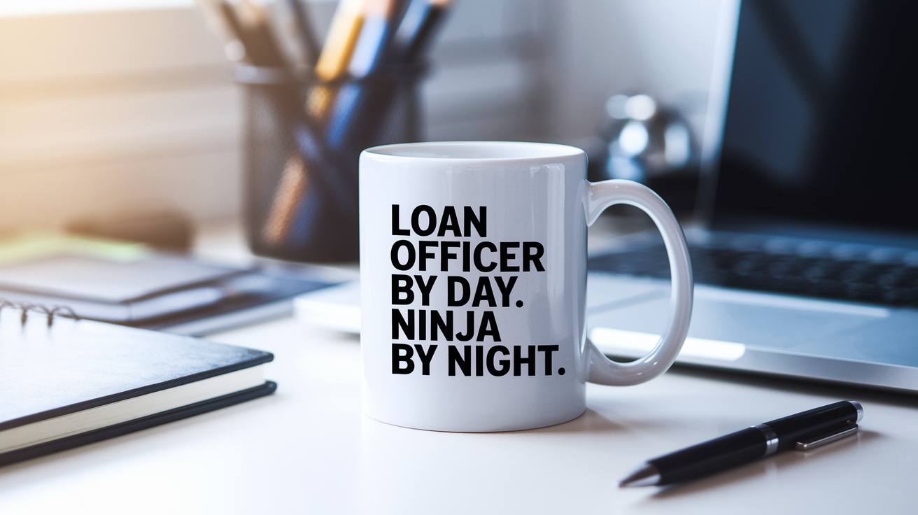 Loan Officer by Day Ninja by Night quote on coffee mug mockup for Amazon POD