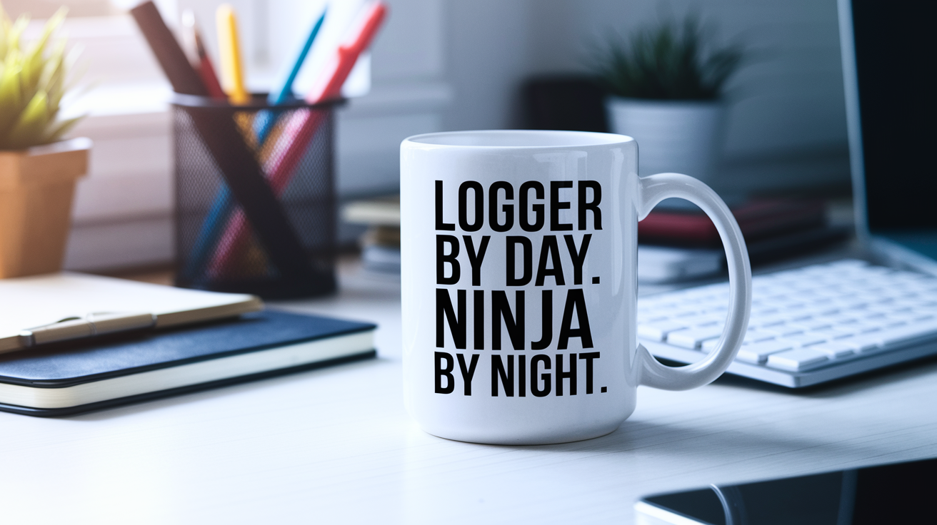 Logger by Day Ninja by Night quote on coffee mug mockup for Amazon POD