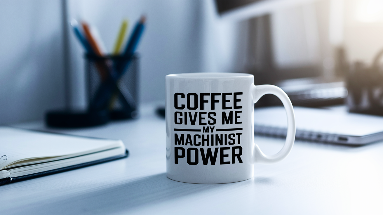 Coffee Gives Me My Machinist Power quote on coffee mug mockup for Amazon POD