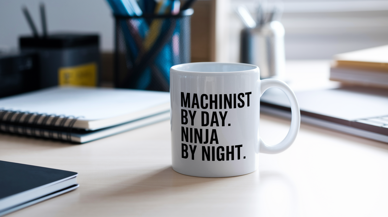 Machinist by Day Ninja by Night quote on coffee mug mockup for Amazon POD