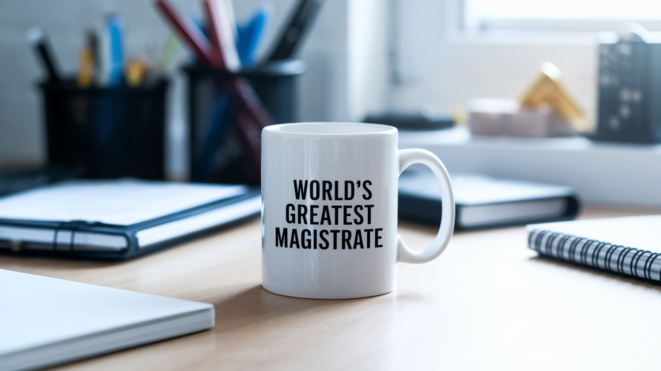 World's Greatest Magistrate quote on coffee mug mockup for Amazon POD