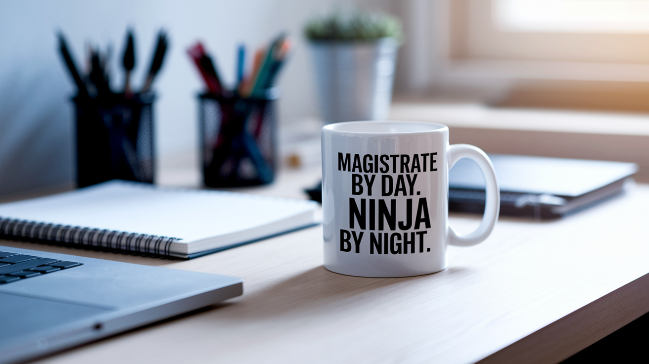 Magistrate by Day Ninja by Night quote on coffee mug mockup for Amazon POD