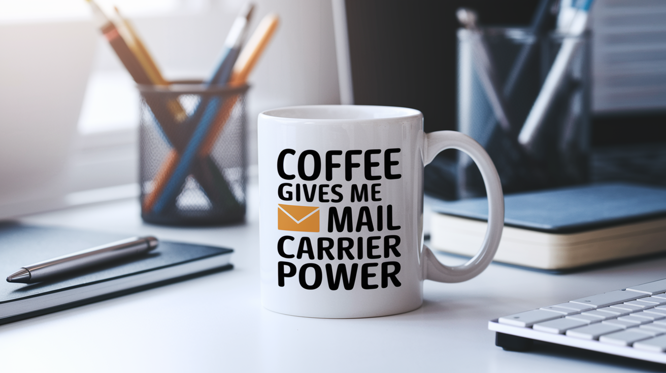 Coffee Gives Me My Mail Carrier Power quote on coffee mug mockup for Amazon POD