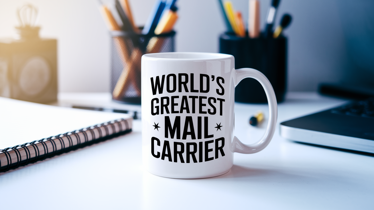 World's Greatest Mail Carrier quote on coffee mug mockup for Amazon POD