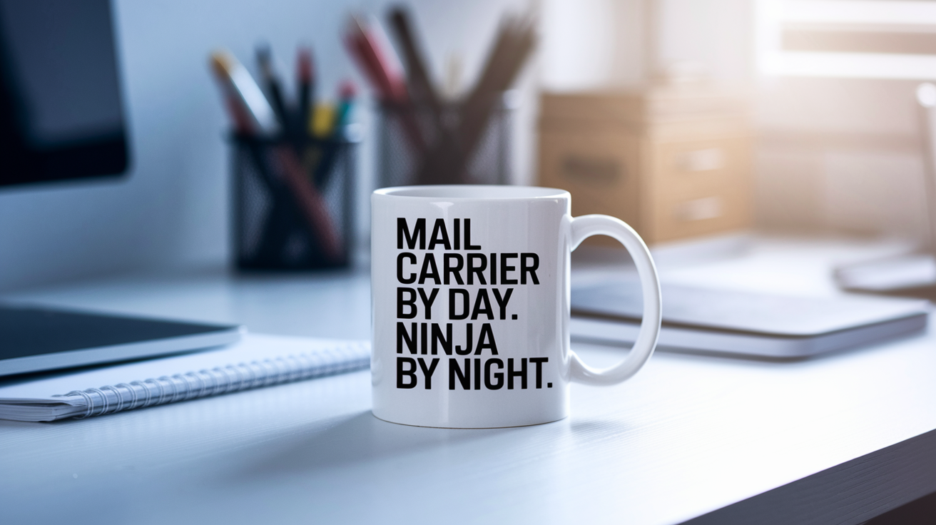 Mail Carrier by Day Ninja by Night quote on coffee mug mockup for Amazon POD