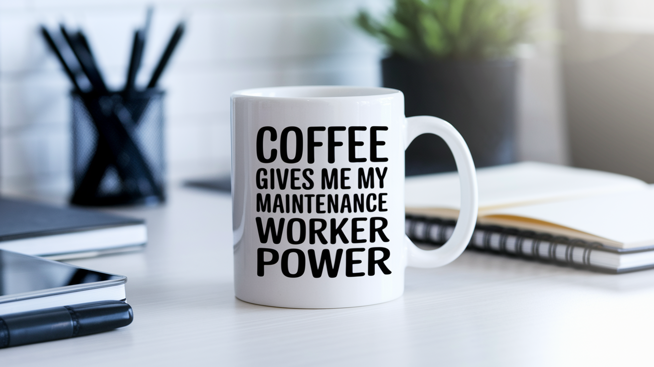 Coffee Gives Me My Maintenance Worker Power quote on coffee mug mockup for Amazon POD