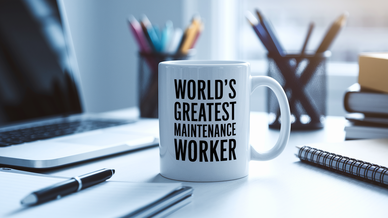 World's Greatest Maintenance Worker quote on coffee mug mockup for Amazon POD