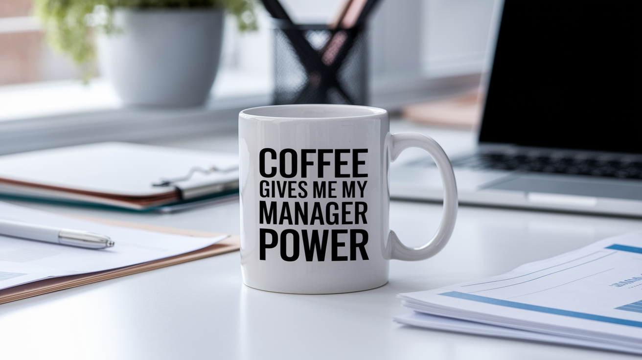Coffee Gives Me My Manager Power quote on coffee mug mockup for Amazon POD
