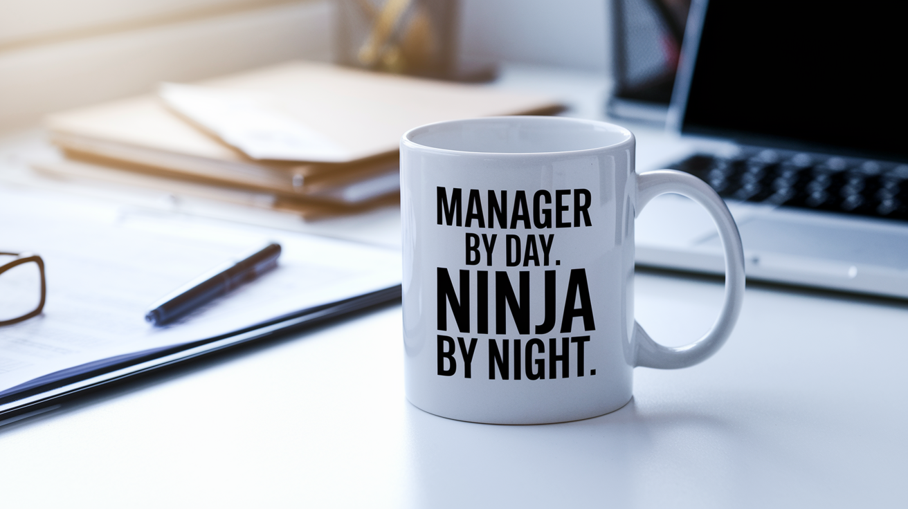 Manager by Day Ninja by Night quote on coffee mug mockup for Amazon POD