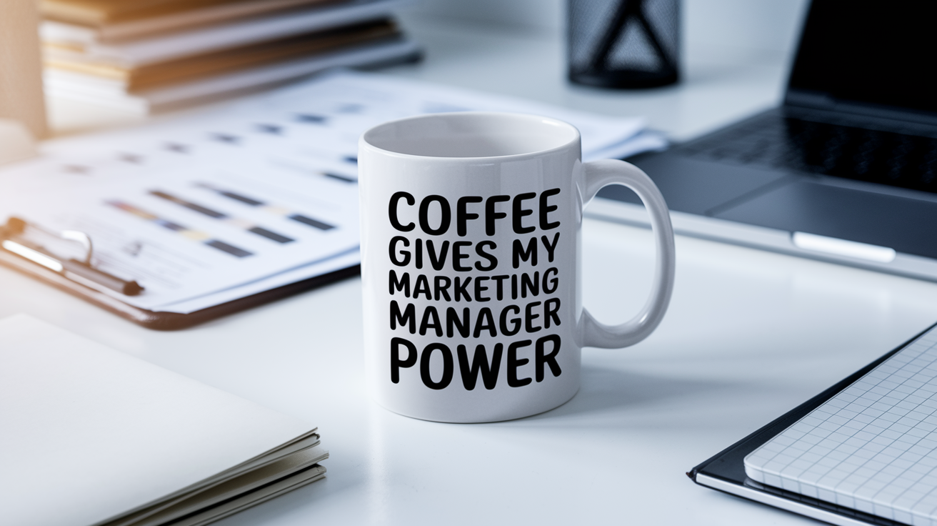 Funny Marketing Manager quote on travel mug mockup for Amazon POD