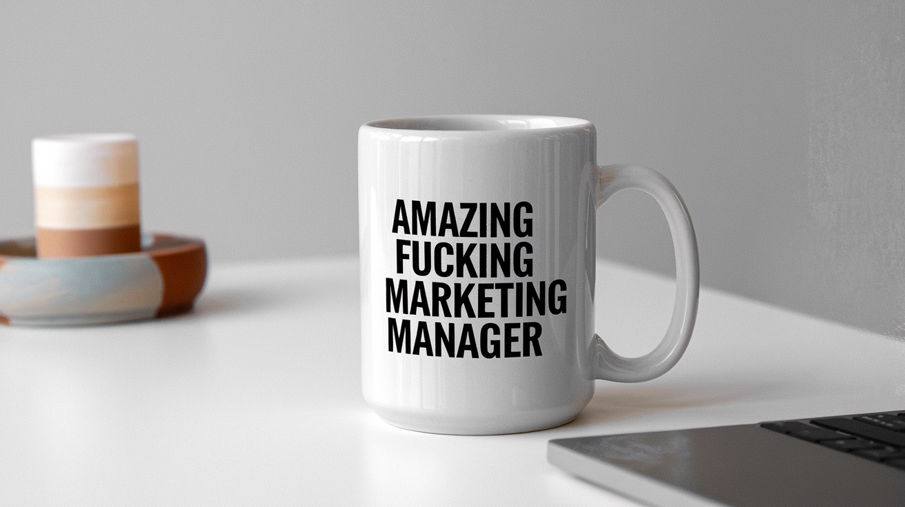 Coffee Gives Me My Marketing Manager Power quote on coffee mug mockup for Amazon POD