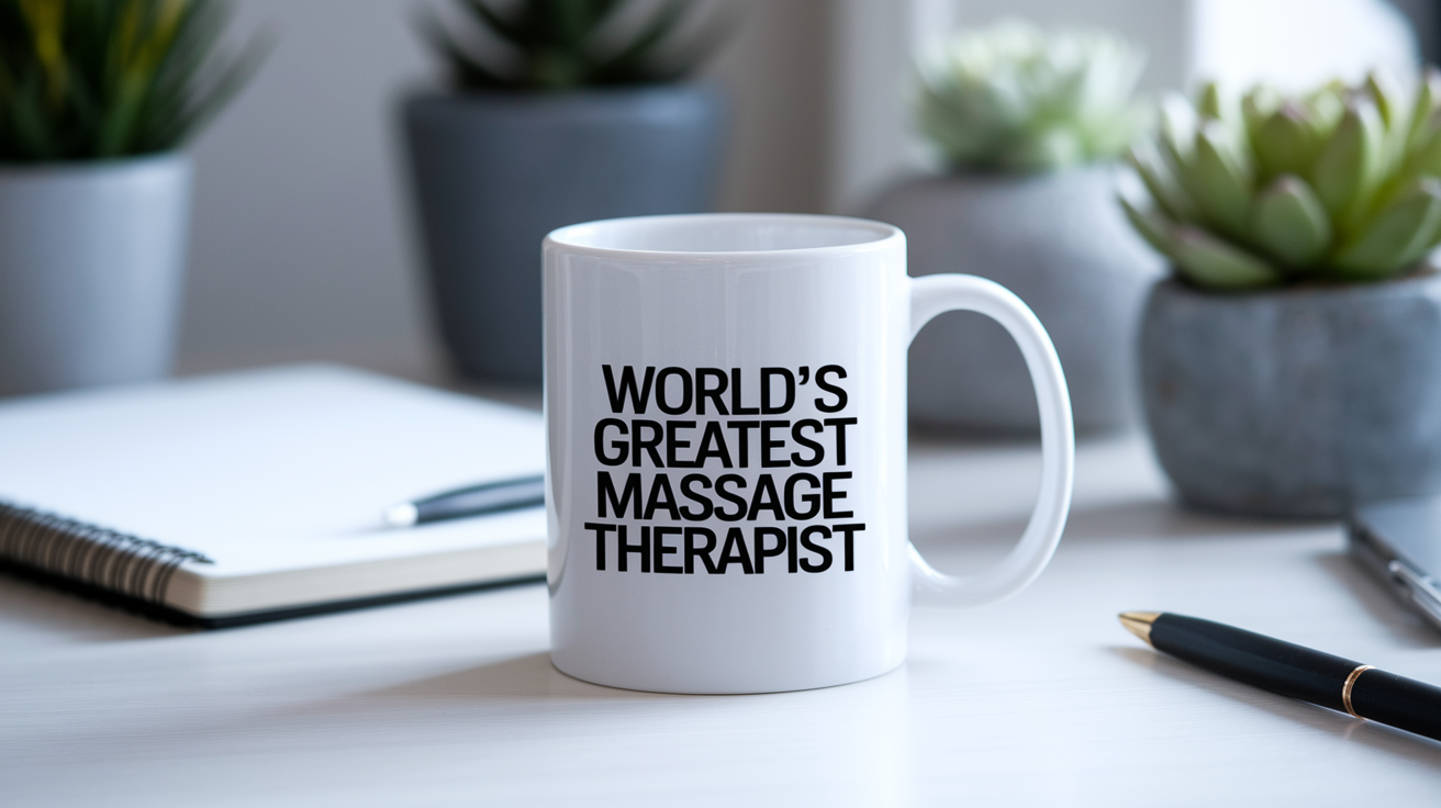 World's Greatest Massage Therapist quote on coffee mug mockup for Amazon POD