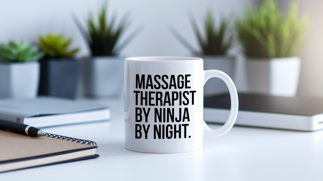 Massage Therapist by Day Ninja by Night quote on coffee mug mockup for Amazon POD